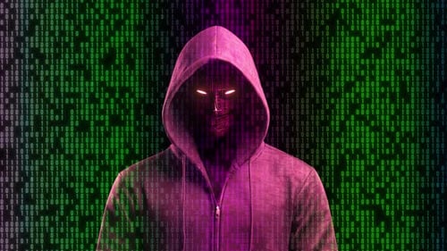 Hacker With Hoodie With Programming Code Animation On Black Background. Hacker Wearing Hoodie
