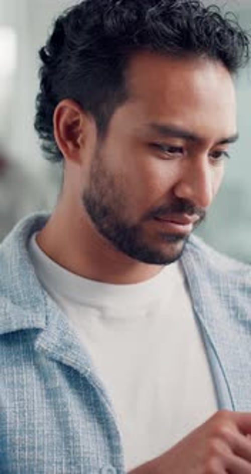 Social media, break or happy man reading in office, funny text message or chat joke