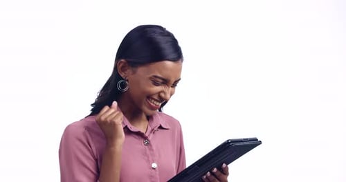 Tablet news, winner or happy woman with success, goals or bonus in studio on white background