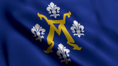 Waving Flag with Stylized M and Fleur-de-lis Symbols