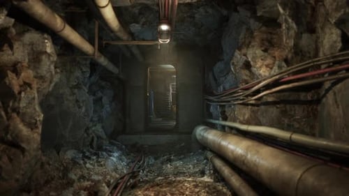 Exploring the Dimly Lit Corridors of an Underground Bunker with Exposed Pipes