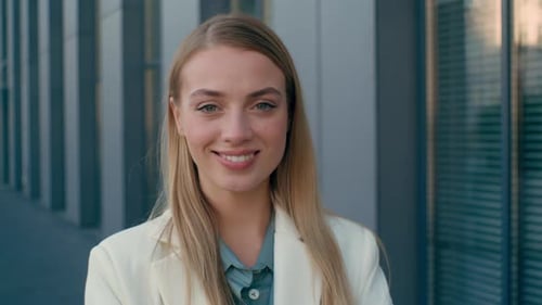 Happy Caucasian Woman Businesswoman Female Joyful Manager Posing Looking at Camera in City Street