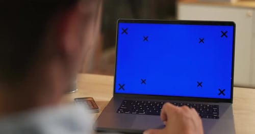 Mockup screen, laptop and business man in office for website, research and working on internet