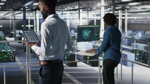 Data Center Programmer Checking Lines of Code Next to Colleague