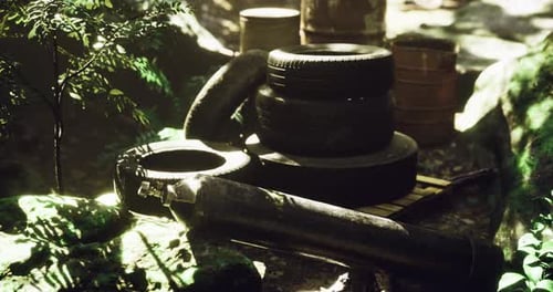Discarded Tires and Barrels in a Sunny Forest Setting