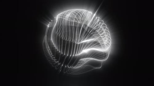 Schwarz-weiß leuchtende abstrakte Kugel, bestehend aus fließenden Linien und digitalen Lichtstrahlen im Dunkeln