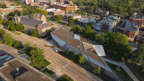 Eli and Edythe Broad Art Museum, part of Michigan State University (MSU), aerial orbit view