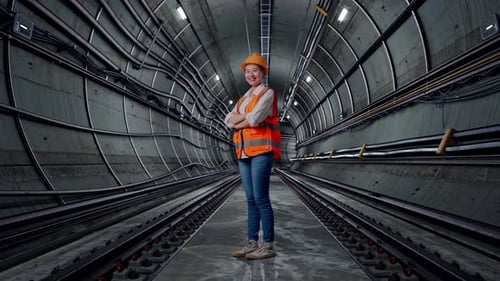 Full Body Side View Of Asian Female Engineer Crossing Her Arms In Subway Tunnel