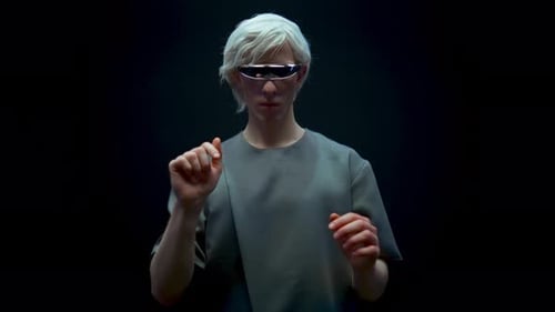 Man with futuristic glasses interacting with virtual interface
