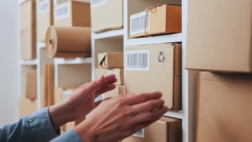Postal Logistics, Large Large Courier In Warehouse, In Storage, Takes Cardboard Box With Barcode
