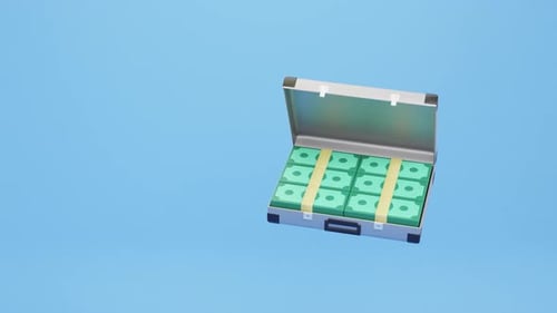 Metal suitcase full of cash animation. Money, dollar bills stacks. earn money, win, income concept