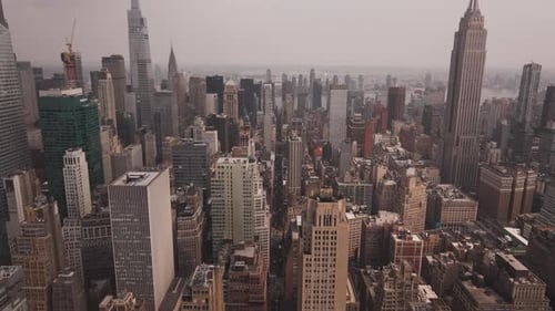 Aerial video above skyscrapers Manhattan New York skyline