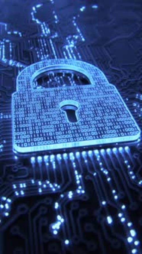 Digitales Sicherheitshologramm des virtuellen Schlosssymbols auf der Leiterplatte, Konzept des Finanzdatenschutzes und