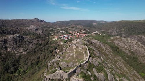 Flying Over Village of Castro Laboreiro and Medieval Castle on the Mountains