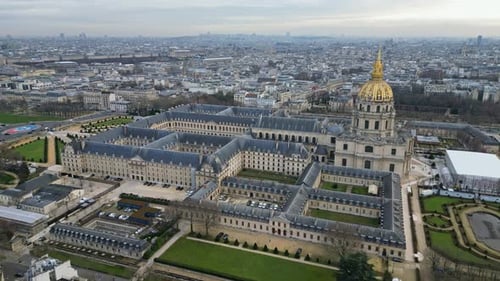 Hotel des Invalides complex, Paris cityscape, France. Aerial forward