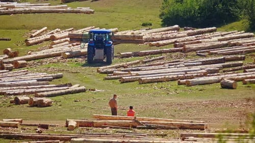 Tractor and Logs in a Rural Farm Landscape