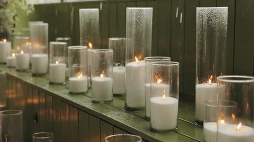 Romantic candles in glass, wedding decor, ambiance