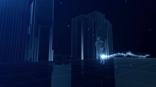 Futuristic Digital Runner with Data Streams in Wireframe City