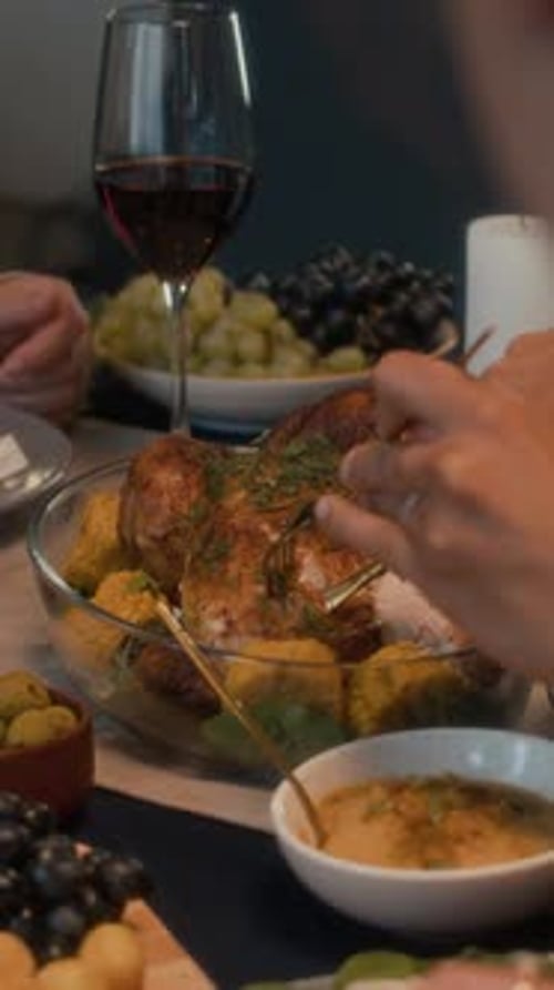 Delicious Dinner with Roast Chicken, Wine, and Friends