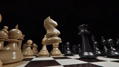 3D Animated Chess Knight Captures Black Queen on Chessboard