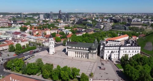 Cinematic Hyperlapse Above Downtown Vilnius, Lithuania. Cathedral Square