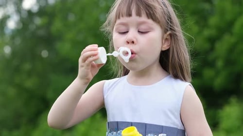 A Cute Little Girl Blowing on a Dandelion in a Spring Park