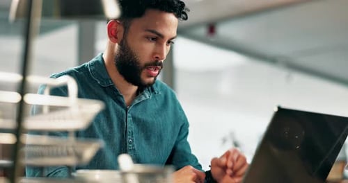 Businessman, headache and stress with laptop in strain, depression or mistake at office