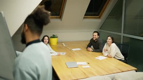 Team of Entrepreneurs Sitting at the Conference Table Listening to the Speaker