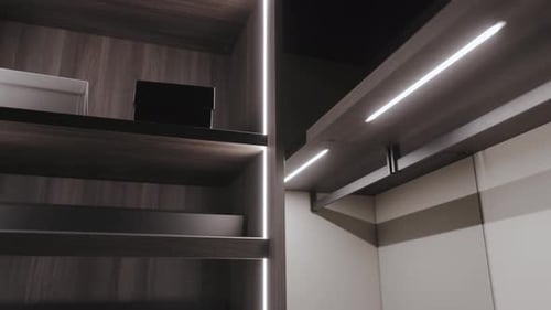 Modern lighted closet with shelves and minimalist design