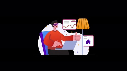 Person using a laptop with graphs and illustrations in a modern setting