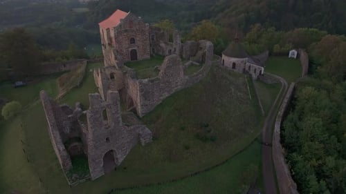 Aerial view of castle at sunrise, Czech Republic.