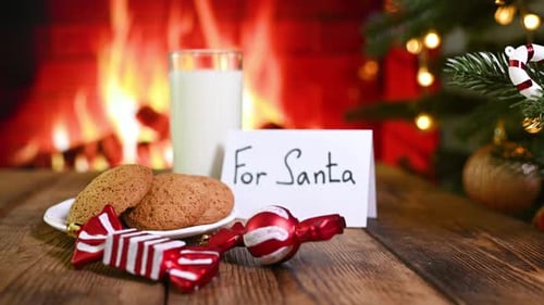 Cookies and Milk for Santa by Fireplace