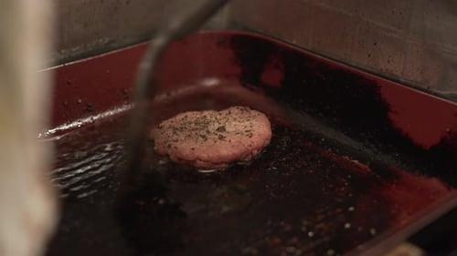 Process Of Cooking A Burger, Street Food - close up