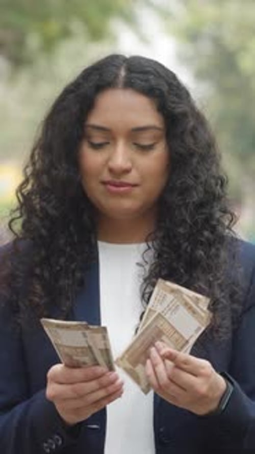 Vertical Video of Curly Hair Indian Businesswoman Counting Money