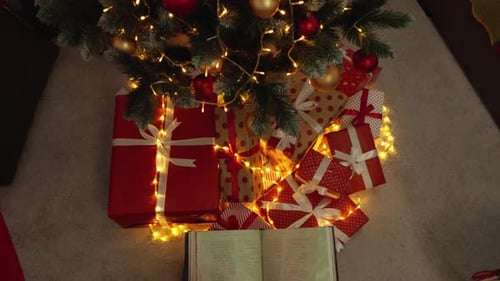 Festive Christmas Tree with Gifts and Reading Child