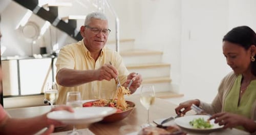 Family, dinner and happy in dining room with food for bonding, event or conversation in lounge area