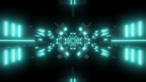 Túnel de neón futurista con luces azules brillantes y patrones geométricos
