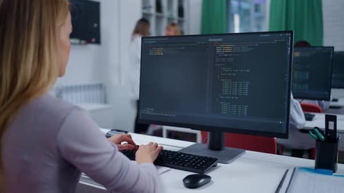 Department Of WebDesign And Development In Modern Company Woman Writing Program Code