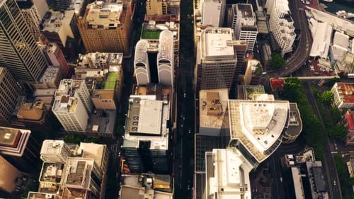 Aerial drone view of a downtown urban district. City buildings, streets, trees and lane ways.
