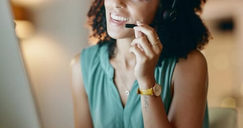 Mouth speaking, crm or woman in call center, telecom or telemarketing company help desk office