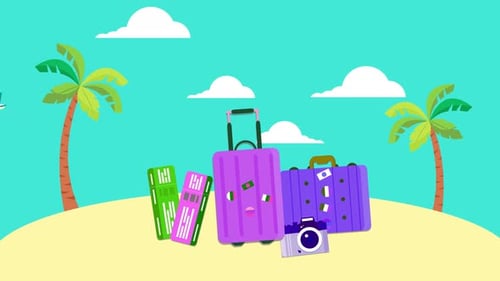 Flat Design Animated Travel Scene with Palm Trees and Luggage
