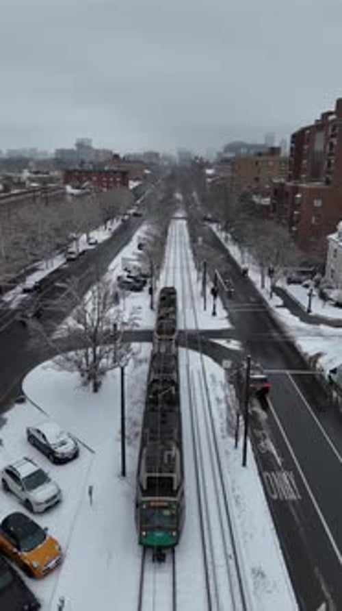 Aerial video above snowy winter in Boston USA