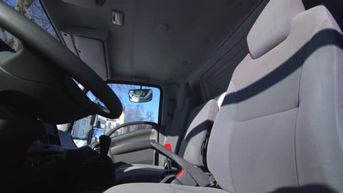 Truck Cab Interior With Gray Cloth Seats