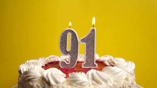 91. A candle in the form of the number 91, stuck in a holiday cake, is blown out. Celebrating a birt