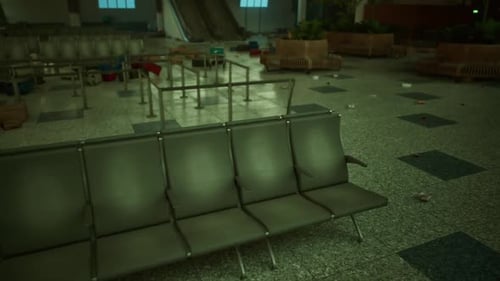 Exploring an Abandoned Airport Terminal with Empty Seats and Scattered Debris