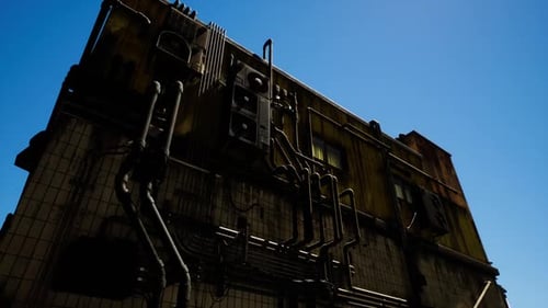 Industrial Building with Complex Piping Against Clear Blue Sky