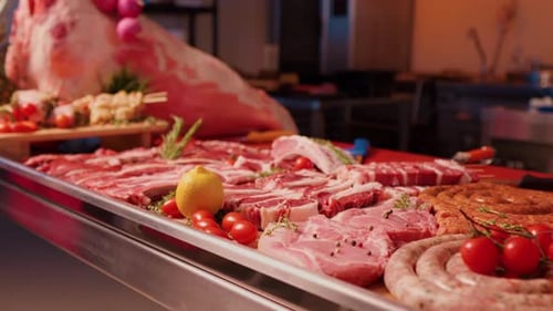 Variety of Fresh Raw Meats and Sausages