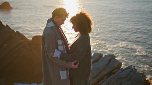 Affectionate Lovers Embracing Sunrise at Coast Closeup Enamoured Pair Hugging