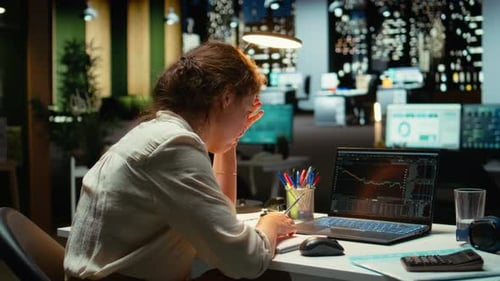Concerned Female Worker Disappointed By Stock Trade Failure and Money Loss
