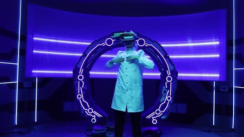 Woman Using Virtual Reality Headset in Modern Interior of a Spacecraft